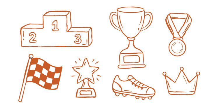 Set of hand drawn victory and sports award icons, trophy, medal, winner podium, crown, checkered flag, star trophy vector illustration
