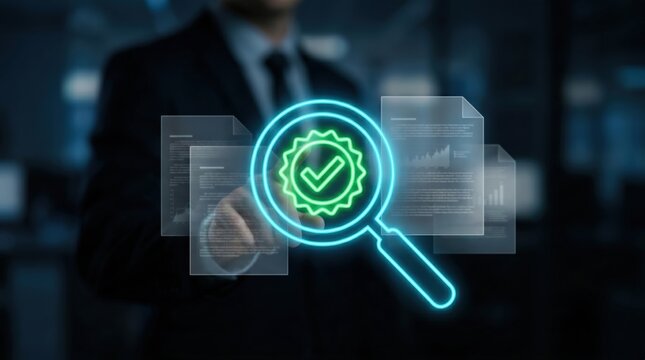 Digital Document Verification Concept: Holographic Magnifying Glass and Verified Badge Interface Over Blurred Corporate Background