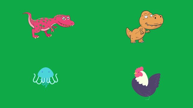 Raptor Trex Jellyfish Rooster animation on green screen chroma key background flat lighting no shadow flush edge isolated minimal animated character perfect compositing vfx asset high quality render