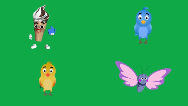 Icecream Bluebird Chick Butterfly animation on green screen chroma key background flat lighting no shadow flush edge isolated minimal animated character perfect compositing vfx asset high quality