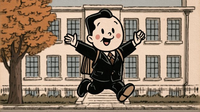 A boy with rosy cheeks skips to school with joy. Trees display autumn colors in the background, and a vintage school building is nearby.