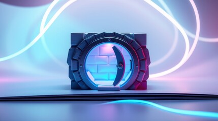 Obraz premium Futuristic vault door glows. Brick wall visible inside. Neon lights create vibrant, dramatic scene. Minimalist design, dark background.