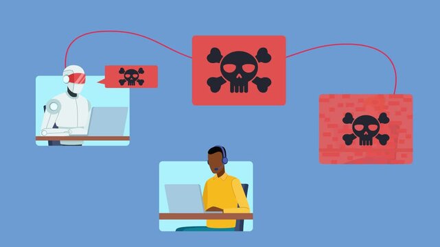 Animation of a hacker attack. A hacker takes over a chatbot and sends a file infected with a Trojan virus to other employees. One by one, the computers of other employees become infected.