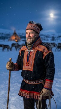 Sami man in gakti standing in snowy landscape with reindeer herd and moonlit lavvu