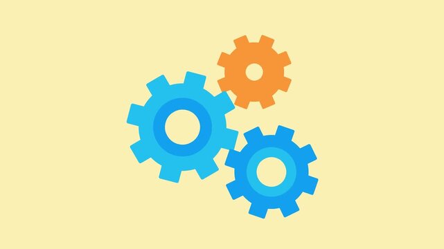Animation of spinning gears. Blue and orange cogs. Flat design style movie clip.