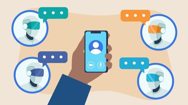 Animation of a hand holding a phone and connecting to virtual AI agents. Chatbot avatars appear around the hand along with speech bubbles. All robots have different colored visors.
