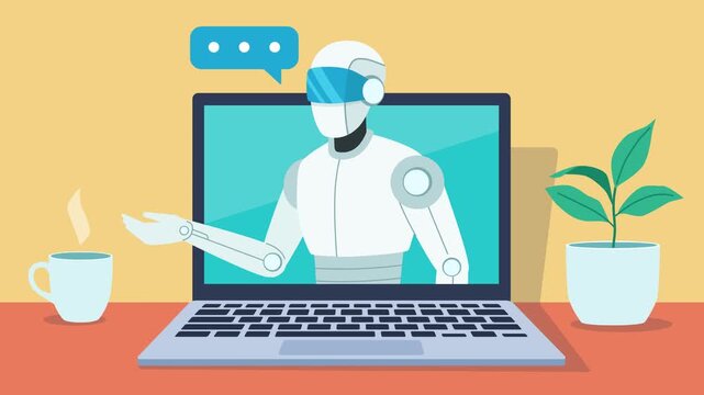 Animation of a chatbot on a laptop screen in an office. Conversion with an AI virtual agent. An AI robot on a laptop screen. A speech bubble is located next to its head.