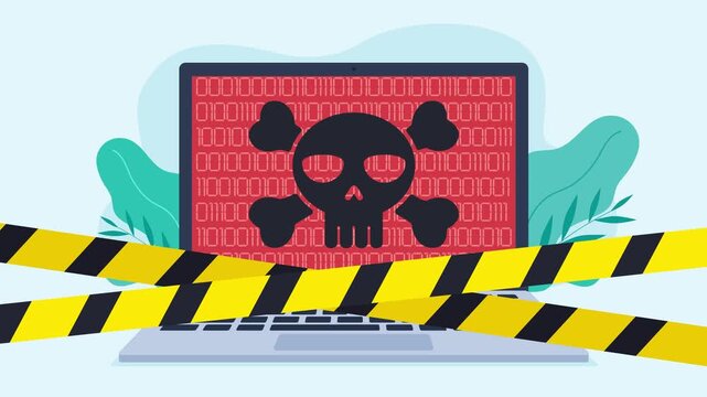 Animation of a hacker attack on a laptop. The user clicks on an email attachment containing a virus that infects the entire laptop. The infected laptop is secured with a quarantine tape.