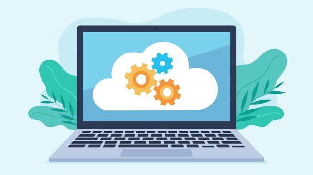 Animation of spinning gears in a cloud on a laptop screen. Cogs appear in the cloud. Data processing in the cloud. Flat design style movie clip.
