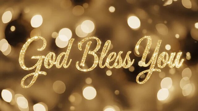 A beautiful golden glitter text overlay that says "God Bless You" against a bokeh background of blurred lights.