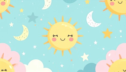Obraz premium Smiling sun moon and star pattern on blue background.