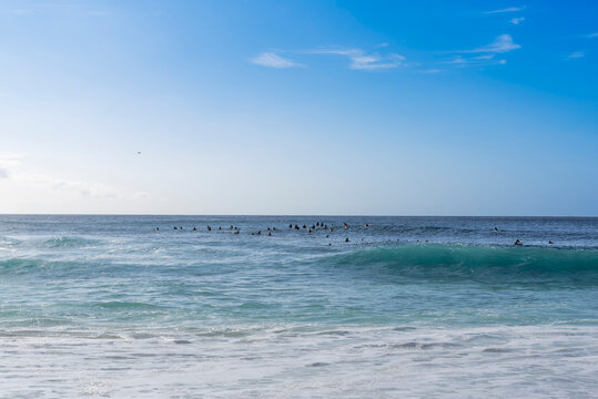 Crowded surf lineup at Ehukai Beach waiting for waves in Hawaii