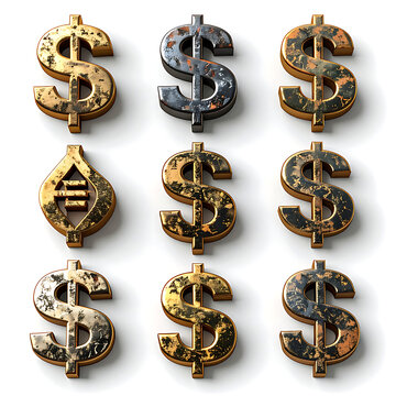 Set of nine grungy, textured dollar signs in gold and dark metallic finishes, representing finance, currency, and economic concepts