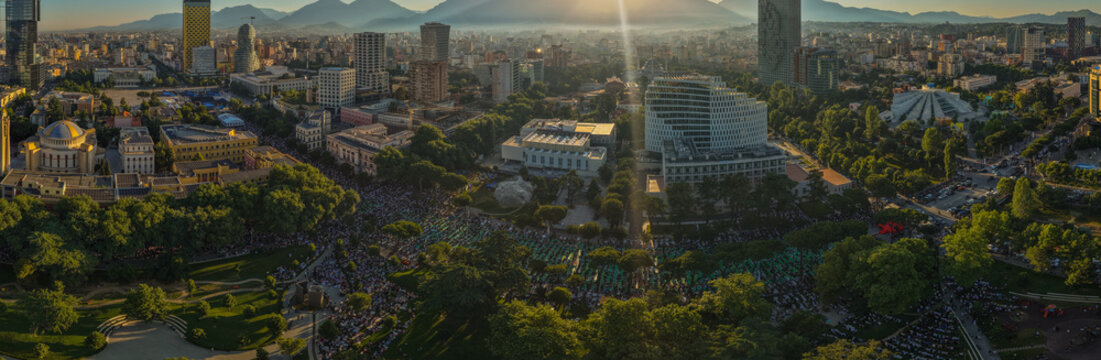 Thousands of Muslims gather in Tirana&rsquo;s Grand Park for Eid al-Adha morning prayers on May 27, 2026, marking a significant religious celebration in Albania.