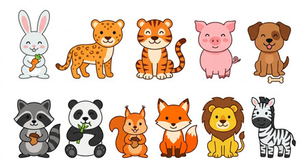 Obraz premium Cute flat cartoon animal vector collection with panda tiger raccoon and puppy characters