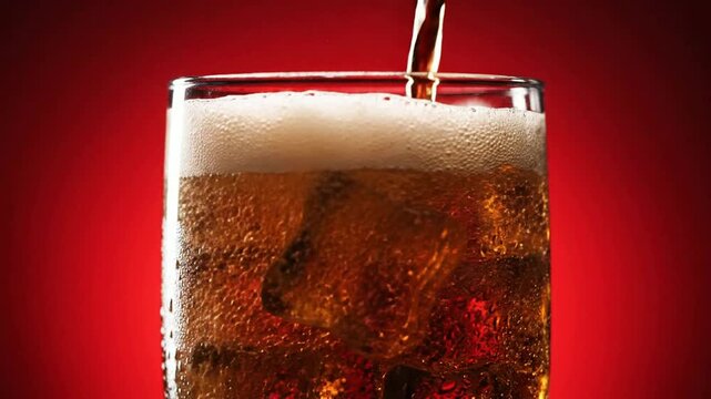 Refreshing cola beverage being poured into a glass filled with ice cubes and creating foam.