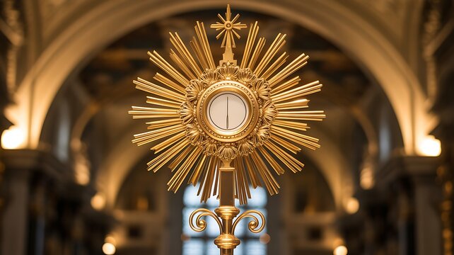 Golden Eucharistic Monstrance in Church Interior Symbolizing Catholic Faith Worship and Holy Communion