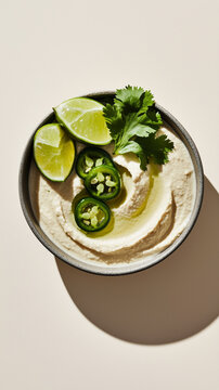 Artisan hummus dip showcasing a minimalist textural study with precisely layered jalapeno, fresh lime and cilantro