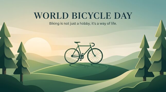 Bicycle Illustration With Scenic Landscape And Text For World Bicycle Day cycling bike pedal two wheeled vehicle outdoor recreation