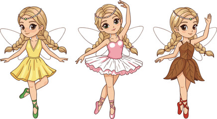 Cute fairy ballerina character collection vector illustration featuring magical girls in floral dresses and fantasy costume designs © MdRissalat