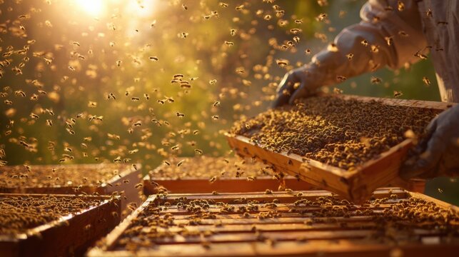beekeeper inspecting honeycomb frames surrounded by thousands of bees, golden sunlight, detailed macro textures, documentary photography, realistic