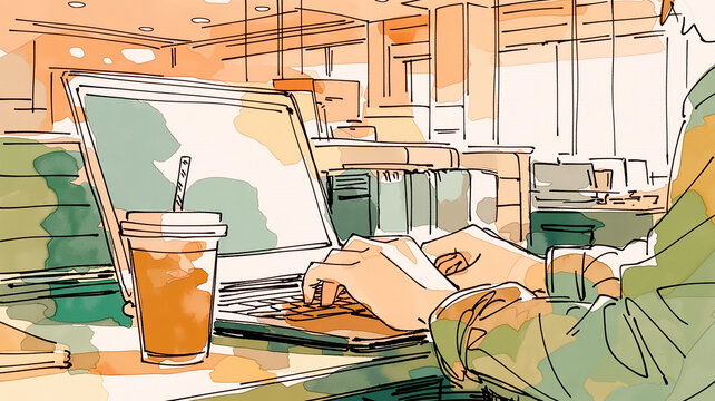 ノートパソコンを使って仕事をする手書き風イラスト。自宅や職場で働く人物を親しみやすく描いた、ナチュラルで使いやすいビジネス素材。リモートワーク、在宅ワーク、テレワーク、オンライン会議、事務作業、デスクワーク、オフィスワーク、会社員、フリーランス、勤務、仕事風景、人物、シンプル、線画、挿絵、広告、ブログ、SNS、資料、チラシ、バナー、Webコンテンツに便利なイメージ素材