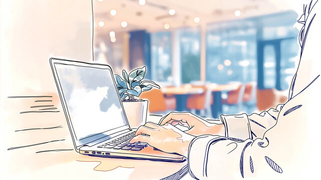 ノートパソコンを使って仕事をする手書き風イラスト。自宅や職場で働く人物を親しみやすく描いた、ナチュラルで使いやすいビジネス素材。リモートワーク、在宅ワーク、テレワーク、オンライン会議、事務作業、デスクワーク、オフィスワーク、会社員、フリーランス、勤務、仕事風景、人物、シンプル、線画、挿絵、広告、ブログ、SNS、資料、チラシ、バナー、Webコンテンツに便利なイメージ素材