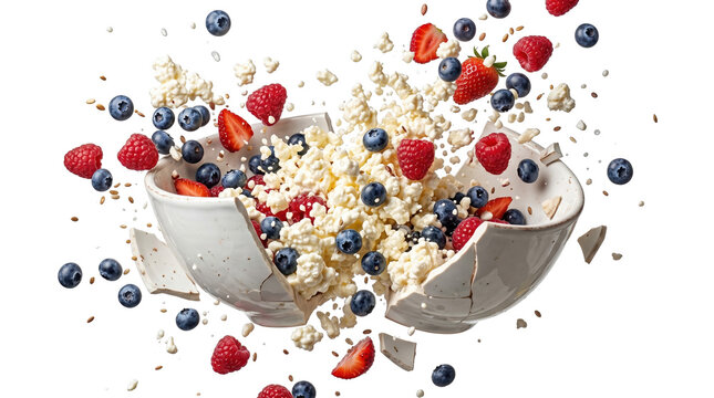 Exploding cereal bowl with fresh berries and milk on a transparent background for dynamic food designs