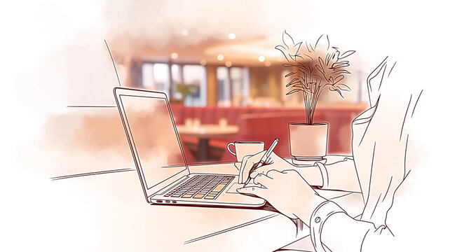 ノートパソコンで作業する人物を描いた手書き風イラスト。やわらかな雰囲気で仕事中のシーンを表現した、汎用性の高いビジネス向け素材。在宅勤務、テレワーク、リモートワーク、デスクワーク、事務、オンライン対応、情報発信、オフィス、在宅、会社員、個人事業、フリーランス、仕事、人物、線画、シンプル、挿絵、広告、ブログ、SNS、販促、資料、ホームページ、記事制作に使いやすいイメージ素材