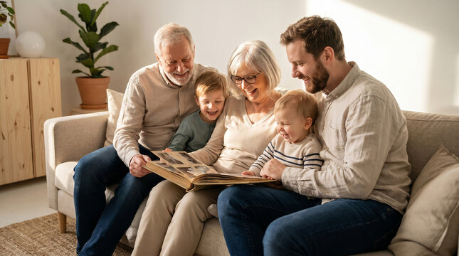 Three generations share an old photo album on a sofa. Grandparents, adult son, and two grandchildren laugh together. Warm sunlight fills the Scandinavian living room.