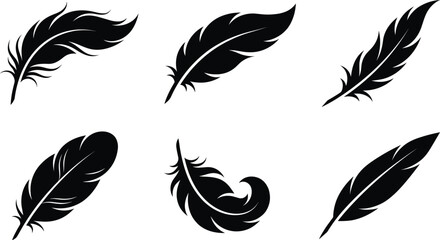 Elegant collection of black feather silhouettes featuring various bird plume shapes for creative writing literature calligraphy and vintage quill pen graphic designs. © MdMonowar