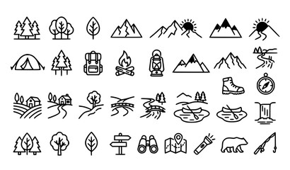 Naklejka premium Nature landscape icon collection vector thin outline camping design