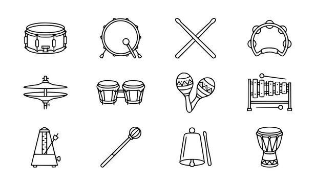 Drum and Percussion Musical Instrument Line Icon Set with Snare Drum Drumsticks and Tambourine Vector Collection
