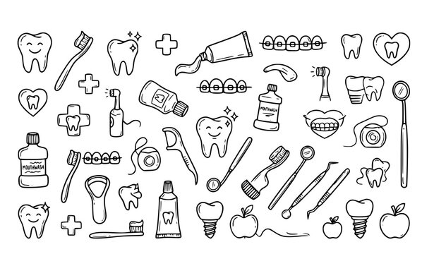 Hand drawn dental care doodle icon set with tooth toothbrush mouthwash and orthodontic vectors illustration