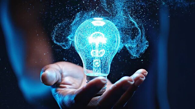 Innovation and creative idea inspiration through human imagination. Glowing lightbulb made of luminous blue particles with bright filament resting on an open palm on a dark navy background.