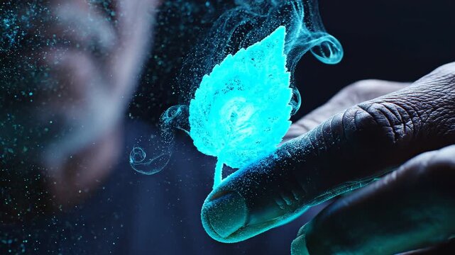 Green energy and sustainable ESG environmental innovation through human nature. Glowing leaf made of luminous blue particles held delicately by fingertips on a dark navy background.