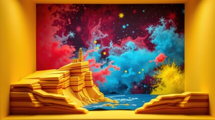 Obraz premium Stylized island scene. Bright colors, layered landforms, cosmic backdrop. Dramatic lighting creates stage effect. Vivid, surreal composition.