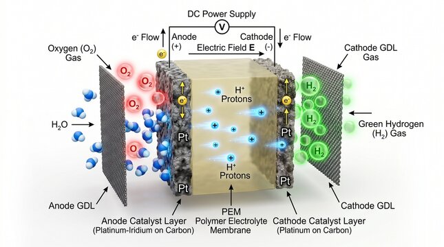 3D Microscopic Diagram of Proton Exchange Membrane (PEM) Water Electrolysis