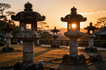Fototapeta premium Japanese stone garden lantern ishidoro, golden hour sunset