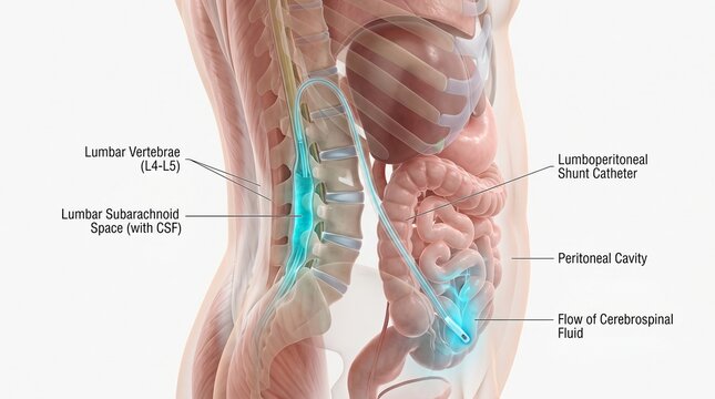 3D Anatomical Diagram of Lumboperitoneal (LP) Shunt Insertion for Hydrocephalus