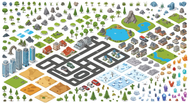 Isometric city map constructor kit, 3D vector game assets with buildings, roads, and nature elements, landscape creator set for urban planning