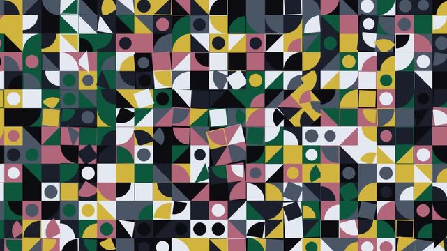 Abstract geometric pattern with colorful shapes and circles in a grid composition