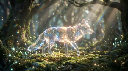 Fototapeta premium A radiant crystal fox-like spirit animal traverses a mystical, enchanted forest filled with shimmering light and magical dust, evoking a sense of wonder and fantasy