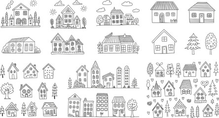 Fototapeta premium Cute Doodle House and Village Vector Collection with Hand Drawn Neighborhood Buildings Trees and Whimsical Town Sketch Illustrations
