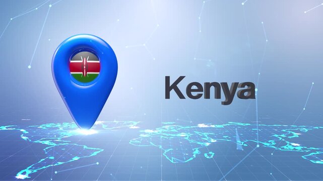 Kenya Flag Inside Location Pin On Digital World Map Animation