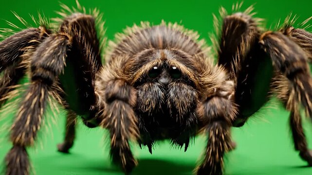 Closeup Macro Shot of a Hairy Tarantula Spider on a Green Background.