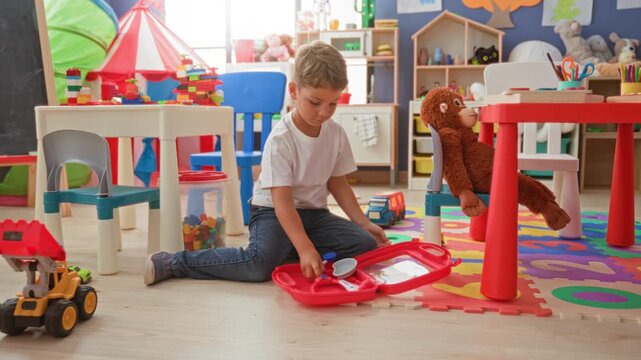 Boy kneeling, holding a toy stethoscope and medical kit with hands on alphabet foam mat in preschool; playful imagination.