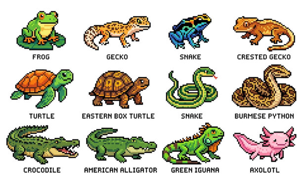 Pixel art reptiles and amphibians