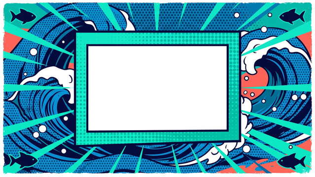vintage japanese style comic book wave background with fish