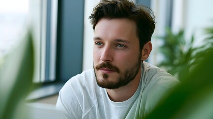 Fototapeta premium A focused man sits indoors bathed in natural daylight streaming through a window conveying a professional and thoughtful mood